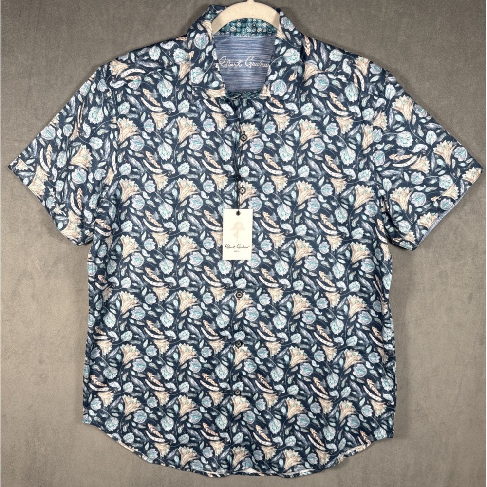 Robert Graham Men's Navy Blue Floral Button Down Short Sleeve Shirt Size Medium